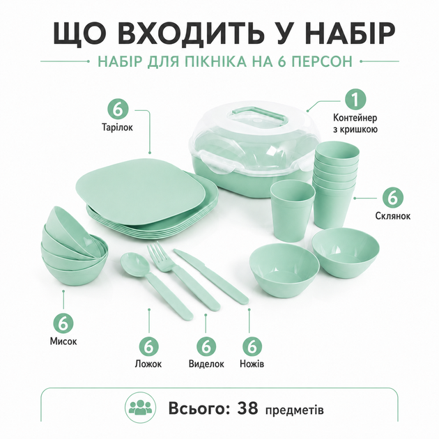 Набор для пикника на 6 персоны, 38 предметов, Зеленый (110-GREEN) - изображение 4