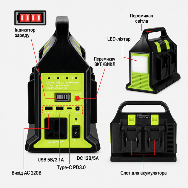 Перетворювач напруги (UIN2) 300W з 12V на 220V / Інвертор живлення з виходом 220В для акумуляторів LXT USB, Type-C, 12В, LED - изображение 5