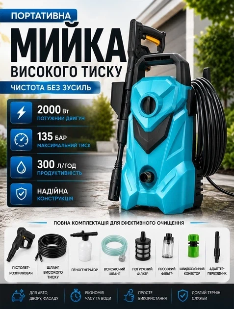 Міні мийка високого тиску 2000 Вт з тримачем шланга портативна автомийка для автомобіля та дому з тиском до 135 бар - изображение 9