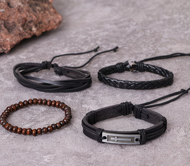 Набір із 4 шт. багатошаровий браслет з плетеної штучної шкіри Cross Bracelet Set - изображение 6