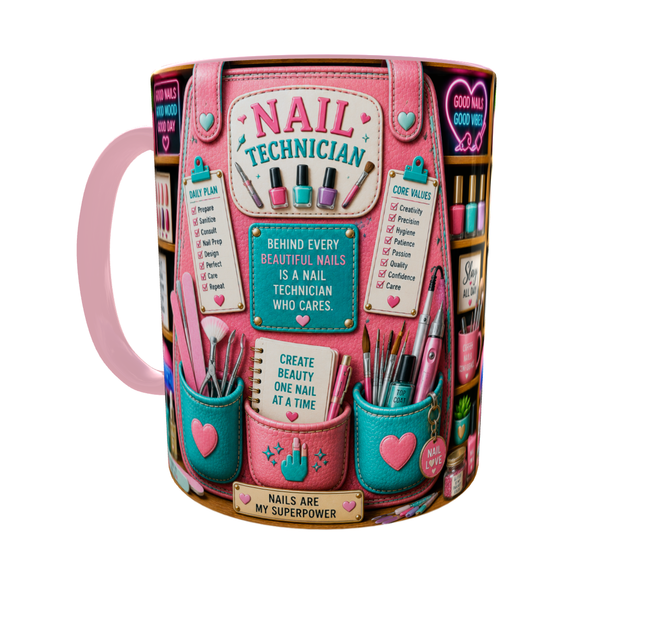 Кружка (чашка) с принтом Nail Technician Organizer – Professional Organizer Collection | Подарок мастеру маникюра, нейл-мастеру | Керамическая 330 мл(розовая ручка) - изображение 3