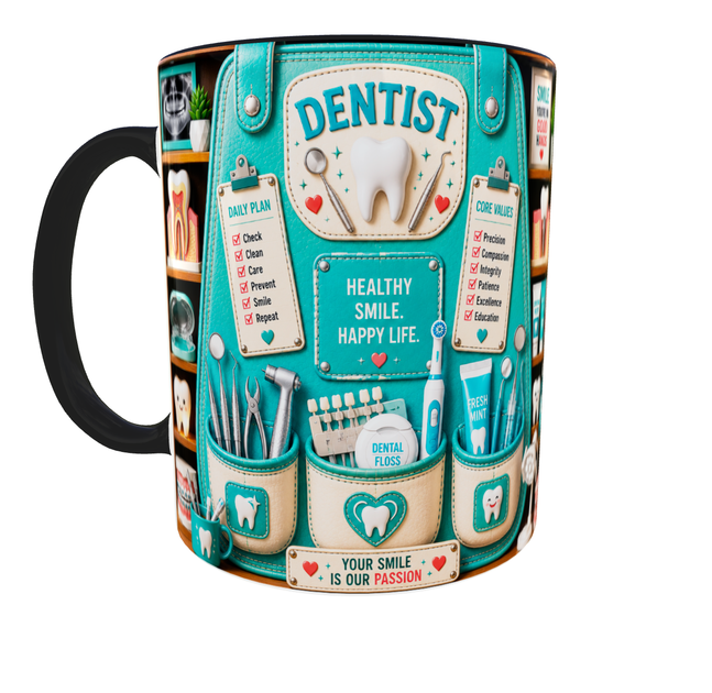 Кружка (чашка) с принтом Dentist Organizer – Professional Organizer Collection | Подарок стоматологу, дантисту | Керамическая 330 мл(черная ручка) - изображение 4