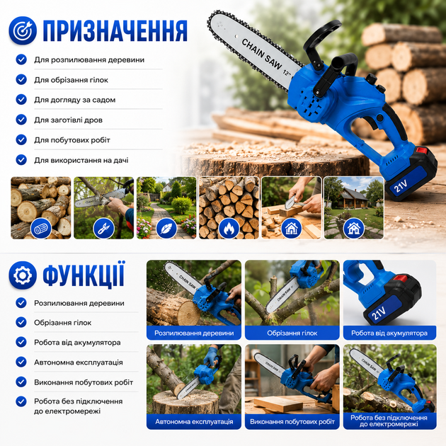 Аккумуляторная цепная пила Moser 12" Electric Saw 21V с двумя аккумуляторами, беспроводная электропила для обрезки деревьев, распиловки древесины, ухода за садом и бытовых работ - Фото 6 Аккумуляторная цепная пила Moser 12" Electric Saw 21V с двумя аккумуляторами, беспроводная электропила для обрезки деревьев, распиловки древесины, ухода за садом и бытовых работ - изображение 6