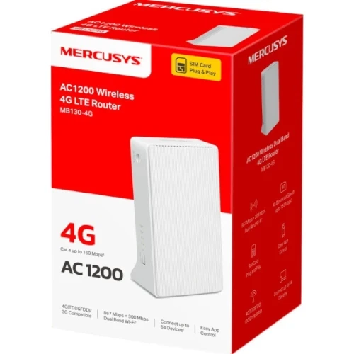 Модем 4G Mercusys MB130-4G, White, 2.4 ГГц / 5 ГГц, (300 Мб/с / 867 Мб/с), LAN, WAN, Wi-Fi, 3G, 4G/LTE - зображення 3