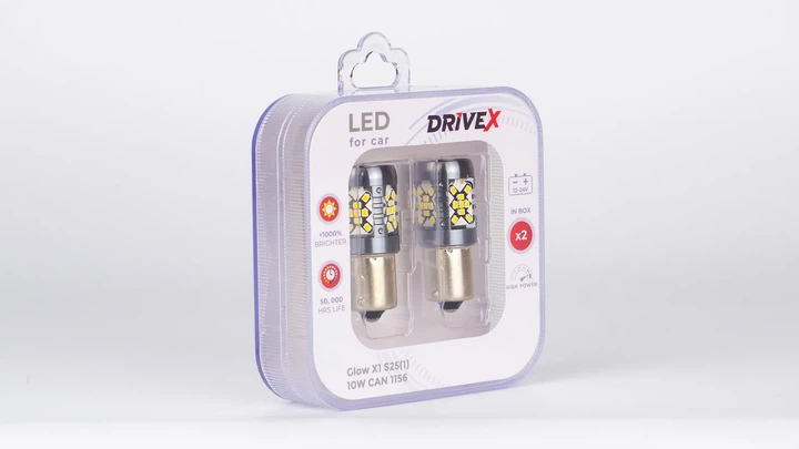 Світлодіоди в габаритні вогні. Підсвітку номера та салона DriveX Glow X1 S25(1) 12-24V 10W CAN 1200Lm 1156/P21W BA15S d-15mm к-т. - зображення 2