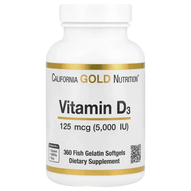 Вітамін D3 California Gold Nutrition (Vitamin D3) 125 мкг (5000 МО) 360 капсул із риб'ячого желатину (CGN-01066) - Фото 1 Вітамін D3 California Gold Nutrition (Vitamin D3) 125 мкг (5000 МО) 360 капсул із риб'ячого желатину (CGN-01066) - изображение 1