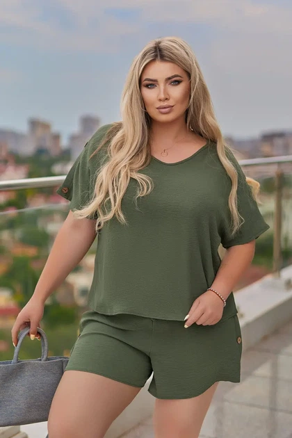 Женский летний костюм из жатки с шортами хаки 46-48 - изображение 6