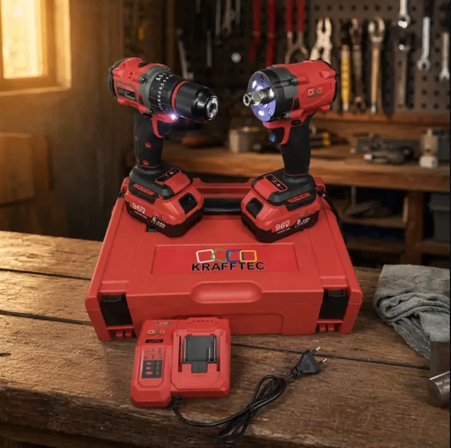 Набор аккумуляторного инструмента Krafftec Germany PRO 2в1 96V 8Ah ударная дрель шуруповерт и гайковерт с двумя аккумуляторами в пластиковом кейсе - изображение 5