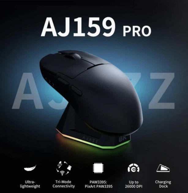 Игровая беспроводная мышь Ajazz AJ159 PRO Black, Черная, 26000 DPI, PAW3395, RGB, магнитная зарядная подставка, USB-C - изображение 3