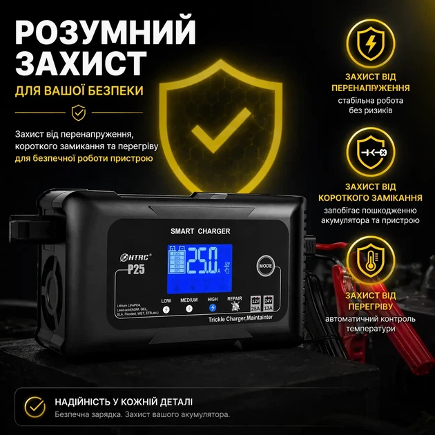 Автоматическое автомобильное зарядное устройство HTRC P25 Импульсное, функция ремонта Repair, десульфатор 12V 25A-24V 13A LiFePO4, AGM, GEL, EFB, WET (19525) - изображение 10