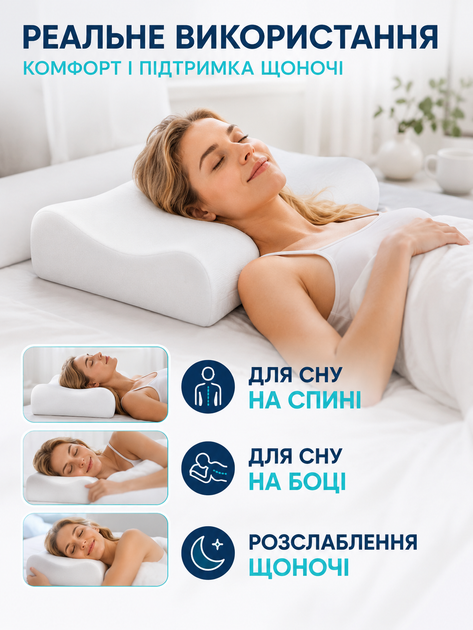 Подушка ортопедическая анатомическая 49×28 см с эффектом памяти Memory Foam для сна на боку и спине, поддержки головы и шеи, с наволочкой, белая (49676104) - изображение 8