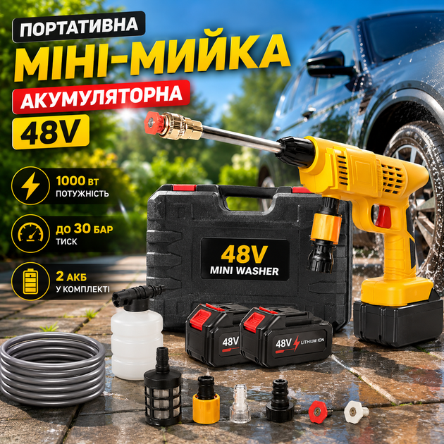 Портативная аккумуляторная мини-мойка высокого давления 48 В с двумя аккумуляторами, беспроводной аппарат для мытья автомобиля, велосипеда, мотоцикла, окон, садовой мебели, плитки и дорожек, пеногенератор, шланг 5 м, чехол - изображение 2