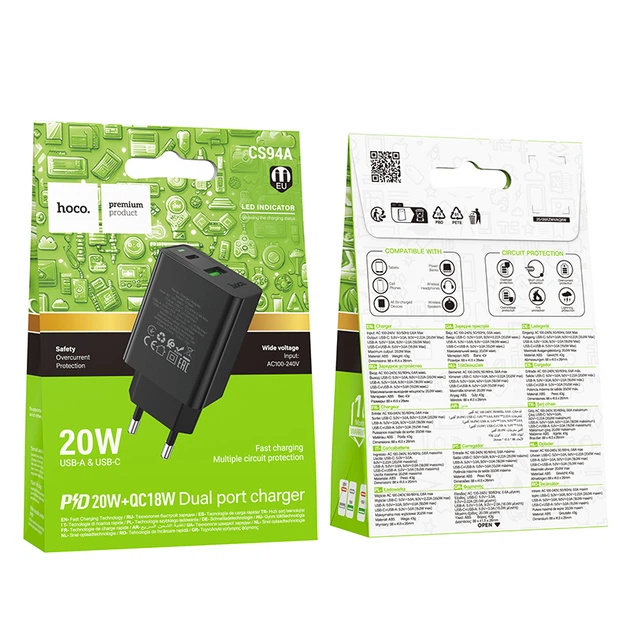 Мережевий зарядний пристрій Hoco CS94A 20 Вт USB-C+USB-A PD/QC чорний - изображение 2