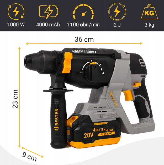 Акумуляторний перфоратор 20V SDS+ 2.0Дж 2×4Ah - зображення 2