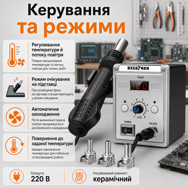 Паяльна станція Bigstren 21708 700 Вт — термоповітряний паяльник з ЖК-дисплеєм і 3 насадками - зображення 2