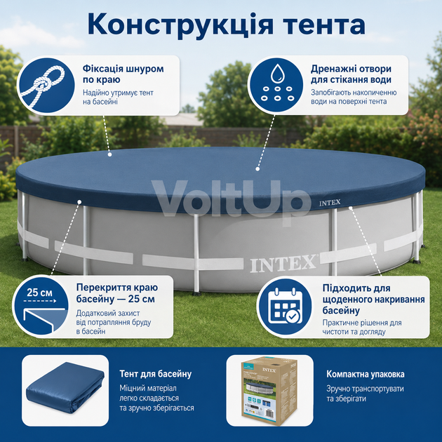 Чохол для круглого каркасного басейну Intex 366 см захисне накриття зі шнуром і дренажними отворами - зображення 3