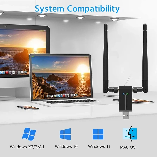 USB Wi-Fi адаптер AC1300 1300 Мбіт/с, USB 3.0, Dual Band 2.4/5 ГГц, 2 антени 5 dBi, MU-MIMO, для ПК та ноутбука, Windows 11/10/8/7, Mac OS - зображення 3