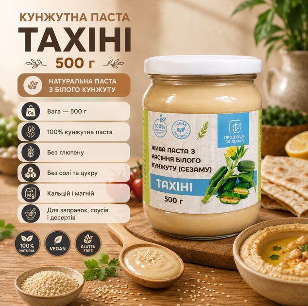 Паста тахини из белого кунжута 500 г натуральная кунжутная без сахара без соли - Фото 1 Паста тахини из белого кунжута 500 г натуральная кунжутная без сахара без соли - изображение 1