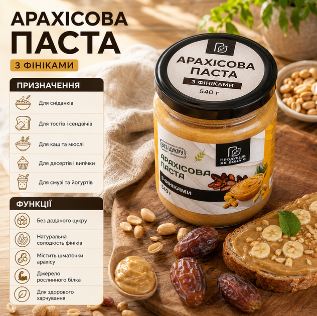 Арахисовая паста с финиками 540 г натуральная без сахара кранч - Фото 2 Арахисовая паста с финиками 540 г натуральная без сахара кранч - изображение 2