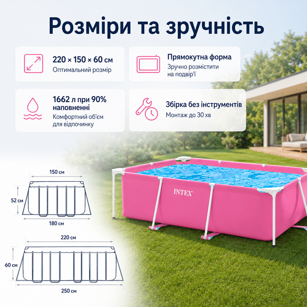 Каркасний басейн Intex Small Frame 220×150×60 см прямокутний рожевий на 1662 л, збірний дитячий басейн з тришаровою ПВХ-чашею - Фото 3 Каркасний басейн Intex Small Frame 220×150×60 см прямокутний рожевий на 1662 л, збірний дитячий басейн з тришаровою ПВХ-чашею - зображення 3