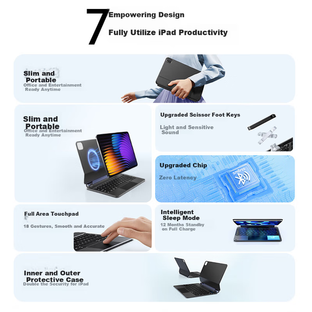 Smorss Xiaomi Pad 8/7 Pro Планшет Розумна Клавіатура Керування [Магнітна Плаваюча · Тонка та Портативна], Захисний Чохол із Сенсорним Керуванням Bluetooth для Планшетів [Сумісний з Xiaomi 7/8], Підсвічування - зображення 8