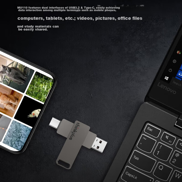 Флеш-накопичувач ThinkPlus Lenovo 512ГБ USB3.2 Type-C металевий для телефону та комп'ютера MU110 - зображення 6