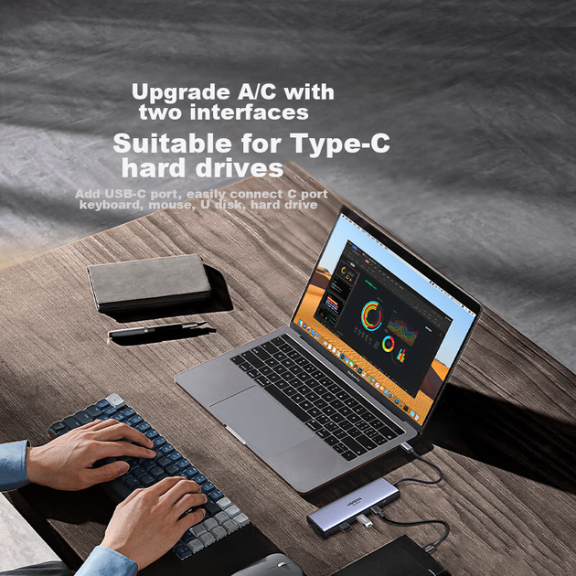 Розширювальна док-станція UGREEN Type-C, адаптер HDMI, розширювальна док-станція 4K 60Hz, дублювання екрана, порт Gigabit Ethernet, зчитувач карт пам'яті, USB 3.0, сумісний з Macbook Air 2025, Huawei, Lenovo, Apple - изображение 7