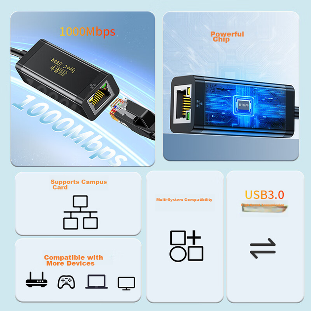 Сетевой адаптер Jinghua N324 / USB Type-C / Gigabit Ethernet / Black - изображение 3
