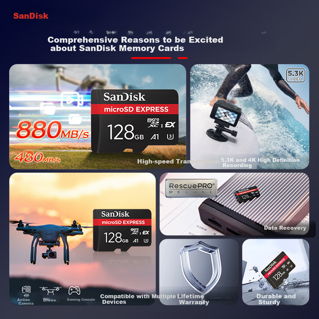 Карта памяти SANDISK microSD Express 128GB 880 МБ/с (SDSQXFN-128G-ZN4NN) - Фото 3 Карта памяти SANDISK microSD Express 128GB 880 МБ/с (SDSQXFN-128G-ZN4NN) - изображение 3
