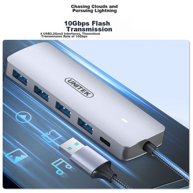 Хаб UNITEK USB 3.2 10G Gen2 розширювальний 4-портовий з Type-C, для ноутбуків/ПК, 0.3м - зображення 5