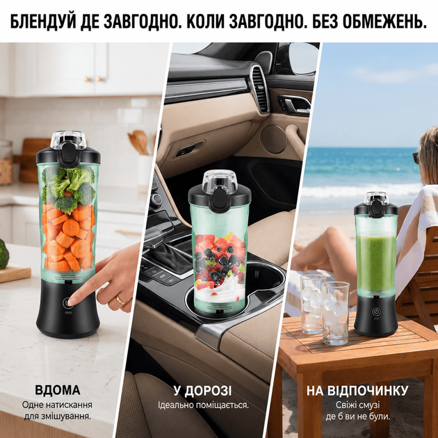 Блендер SwiftBro A9 портативний для смузі, коктейлів, склянка 600 мл Чорний - Фото 6 Блендер SwiftBro A9 портативний для смузі, коктейлів, склянка 600 мл Чорний - зображення 6