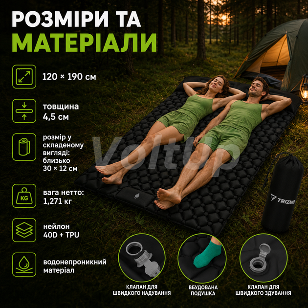 Самонадувний двомісний матрац Trizand 27683 190×120 см туристичний з ножним насосом і чохлом - зображення 2