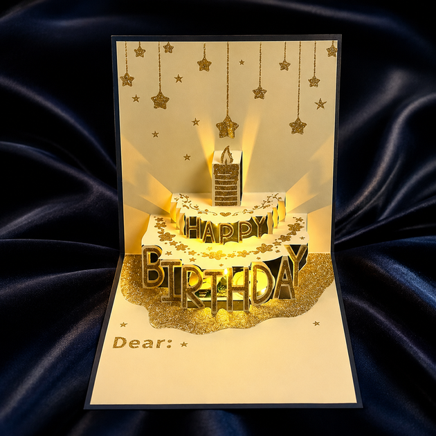 Музыкальная поздравительная открытка «Happy Birthday» с объемным тортом внутри и подсветкой, Синий - Фото 1 Музыкальная поздравительная открытка «Happy Birthday» с объемным тортом внутри и подсветкой, Синий - изображение 1