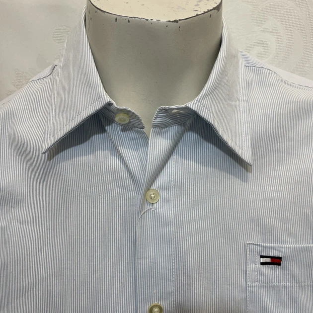 Рубашка Tommy Hilfiger мужская полоска лето хлопок короткий рукав карман XL голубая - Фото 2 Рубашка Tommy Hilfiger мужская полоска лето хлопок короткий рукав карман XL голубая - изображение 2