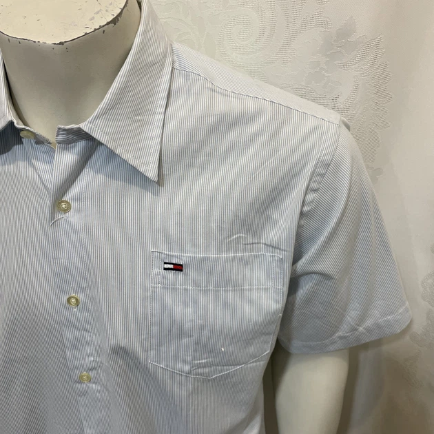 Рубашка Tommy Hilfiger мужская полоска лето хлопок короткий рукав карман XL голубая - Фото 3 Рубашка Tommy Hilfiger мужская полоска лето хлопок короткий рукав карман XL голубая - изображение 3