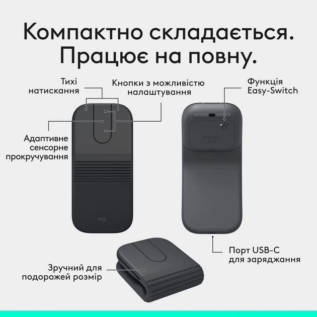 Мышь Logitech Mobi Fold Wireless Mouse Graphite (910-007604) - изображение 5