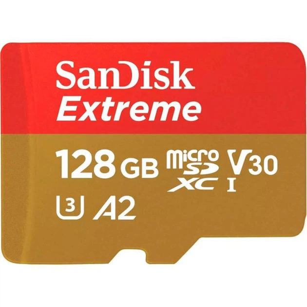 Картка пам'яті MicroSDXC 128 GB UHS-I U3 R190/W90MB/s SanDisk Extreme V30 + SD-адаптер (SDSQXAA-128G-GN6AA) ( 23104 ) - Фото 2 Картка пам'яті MicroSDXC 128 GB UHS-I U3 R190/W90MB/s SanDisk Extreme V30 + SD-адаптер (SDSQXAA-128G-GN6AA) ( 23104 ) - зображення 2