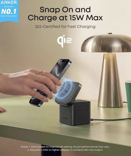 Зарядное устройство Anker Cube 3-in-1 Qi2 MagSafe обновлена быстрая версия для iPhone, Apple Watch, AirPods - Black - изображение 2