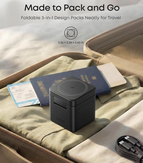 Зарядное устройство Anker Cube 3-in-1 Qi2 MagSafe обновлена быстрая версия для iPhone, Apple Watch, AirPods - Black - изображение 6