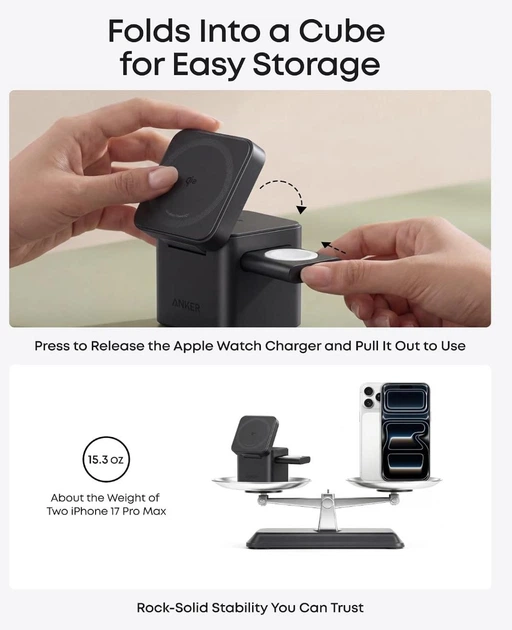 Зарядное устройство Anker Cube 3-in-1 Qi2 MagSafe обновлена быстрая версия для iPhone, Apple Watch, AirPods - Black - изображение 7
