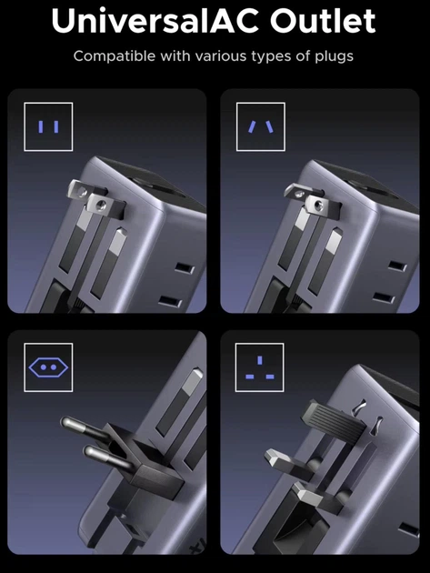 Дорожній адаптер UGREEN GaN 45W Travel 2 USB Ports 2 Type-C сумісний з більш ніж 150 країнаx ідеальний для подорожей та туризму - Фото 5 Дорожній адаптер UGREEN GaN 45W Travel 2 USB Ports 2 Type-C сумісний з більш ніж 150 країнаx ідеальний для подорожей та туризму - зображення 5