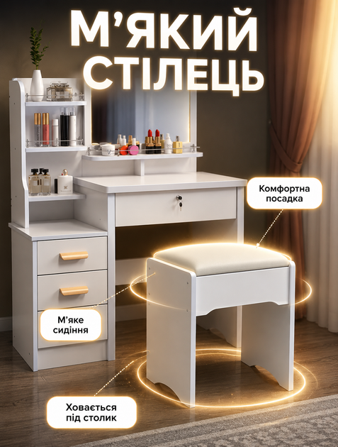 Туалетный столик Beauty с прямоугольным LED-зеркалом для спальни и гардеробной с сенсорной подсветкой в 3 режимах и пуфом 136×80×30 см МДФ - изображение 3