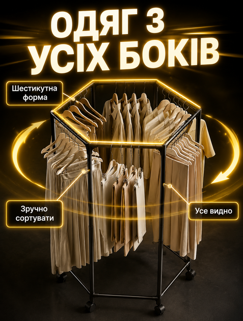 Шестиугольная напольная вешалка для организации гардероба с вращением 360° с 6 перекладинами и 6 колёсиками с блокировкой и металлической конструкцией 120×74,5×35 см - изображение 4