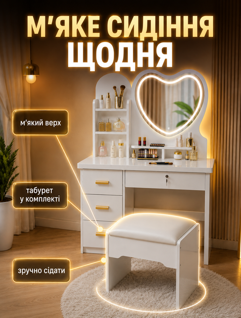 Туалетний стіл Beauty для макіяжу з LED-дзеркалом у вигляді серця і пуфіком 3 режими підсвітки сенсорне керування 6 шухляд із центральним замком МДФ білий 122×80×33 см - зображення 8
