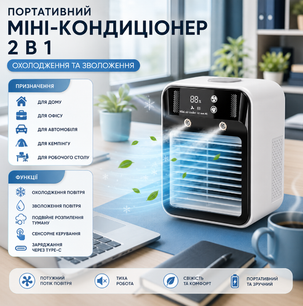 Мини-кондиционер 2 в 1 аккумуляторный 25 Вт 3000 мАч с увлажнителем - изображение 9