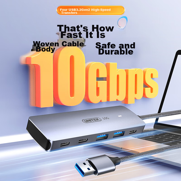 USB-концентратор UNITEK USB 3.2, високошвидкісна док-станція розширення 10 Гбіт/с, з блоком живлення Type-C, 4 порти, 2 порти USB-A + 2 порти Type-C, для ноутбуків і настільних комп'ютерів, подовжувальний кабель 1 метр. - Фото 4 USB-концентратор UNITEK USB 3.2, високошвидкісна док-станція розширення 10 Гбіт/с, з блоком живлення Type-C, 4 порти, 2 порти USB-A + 2 порти Type-C, для ноутбуків і настільних комп'ютерів, подовжувальний кабель 1 метр. - зображення 4