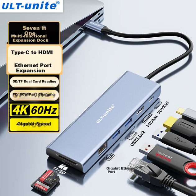 Хаб ULT-Unite Type-C з Ethernet RJ45 USB HDMI 4K 60Hz картридером - зображення 10