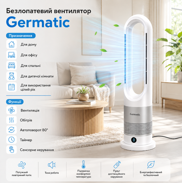 Напольный вентилятор Germatic AM-030JR 2в1, 1200 Вт, обогрев и охлаждение, автоповорот 80°, пульт ДУ, белый. - изображение 2