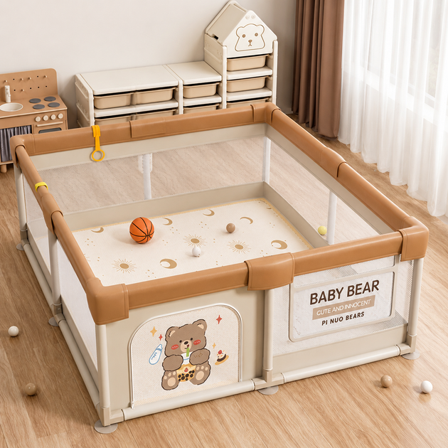 Детский манеж Terrio Teddy Bear L 150х180 см Кофейный с двумя ручками и 60 разноцветными мячами - Фото 10 Детский манеж Terrio Teddy Bear L 150х180 см Кофейный с двумя ручками и 60 разноцветными мячами - изображение 10
