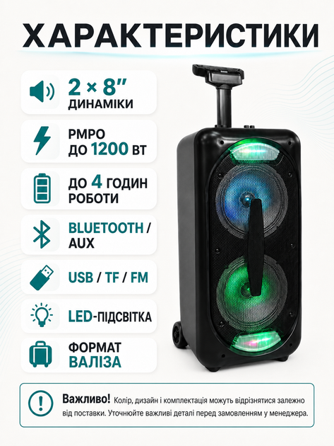 Портативна акустична система колонка валіза 2×8″ PMPO 1200 Вт з мікрофоном пультом Bluetooth FM USB LED чорна (49676163) - зображення 2